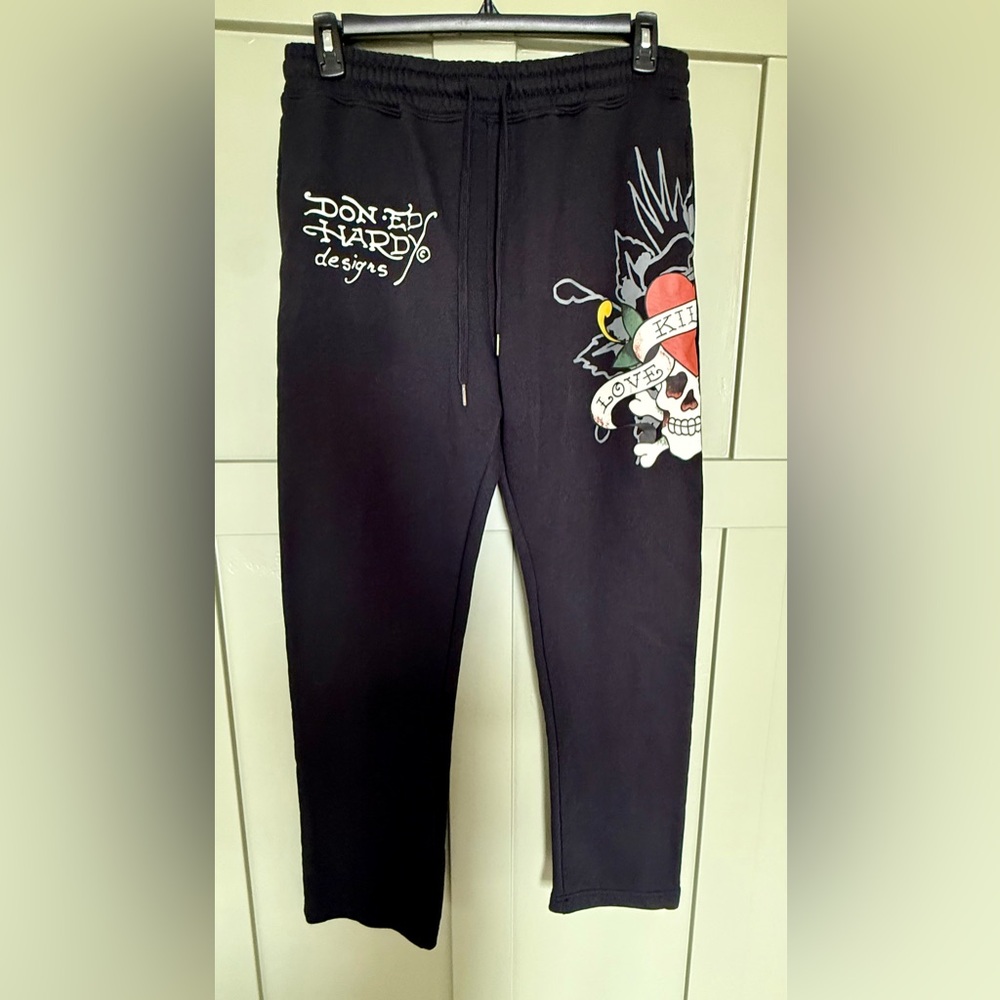 Ed Hardy Black Sweatpants with Red & White Graphic Skull Size L